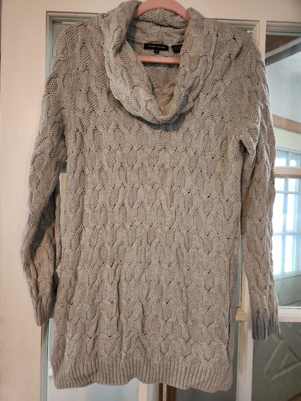 Jeanne Pierre Gray Cable Knit Cowl Neck Sweater Women’s M 100% Cotton Cozy